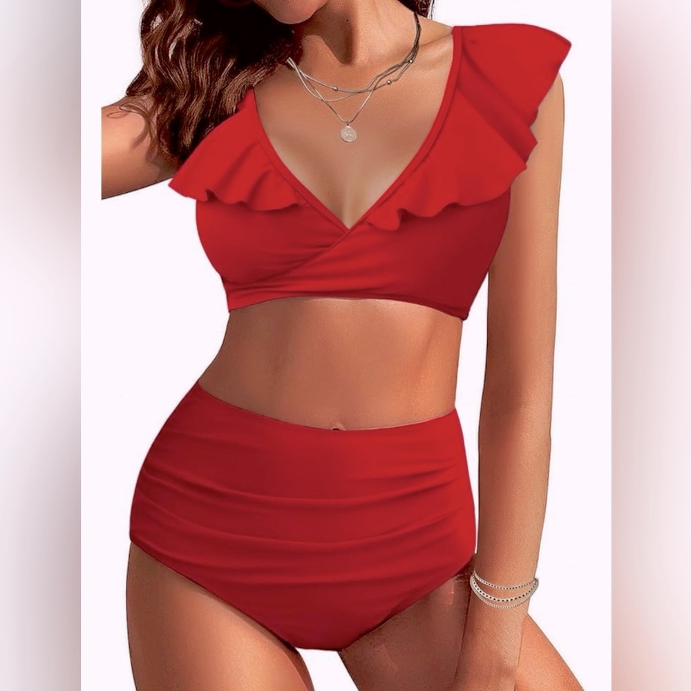 Al'MAGE Women High Waisted 2 piece Bikini, Tummy Control, Dark Red Size M